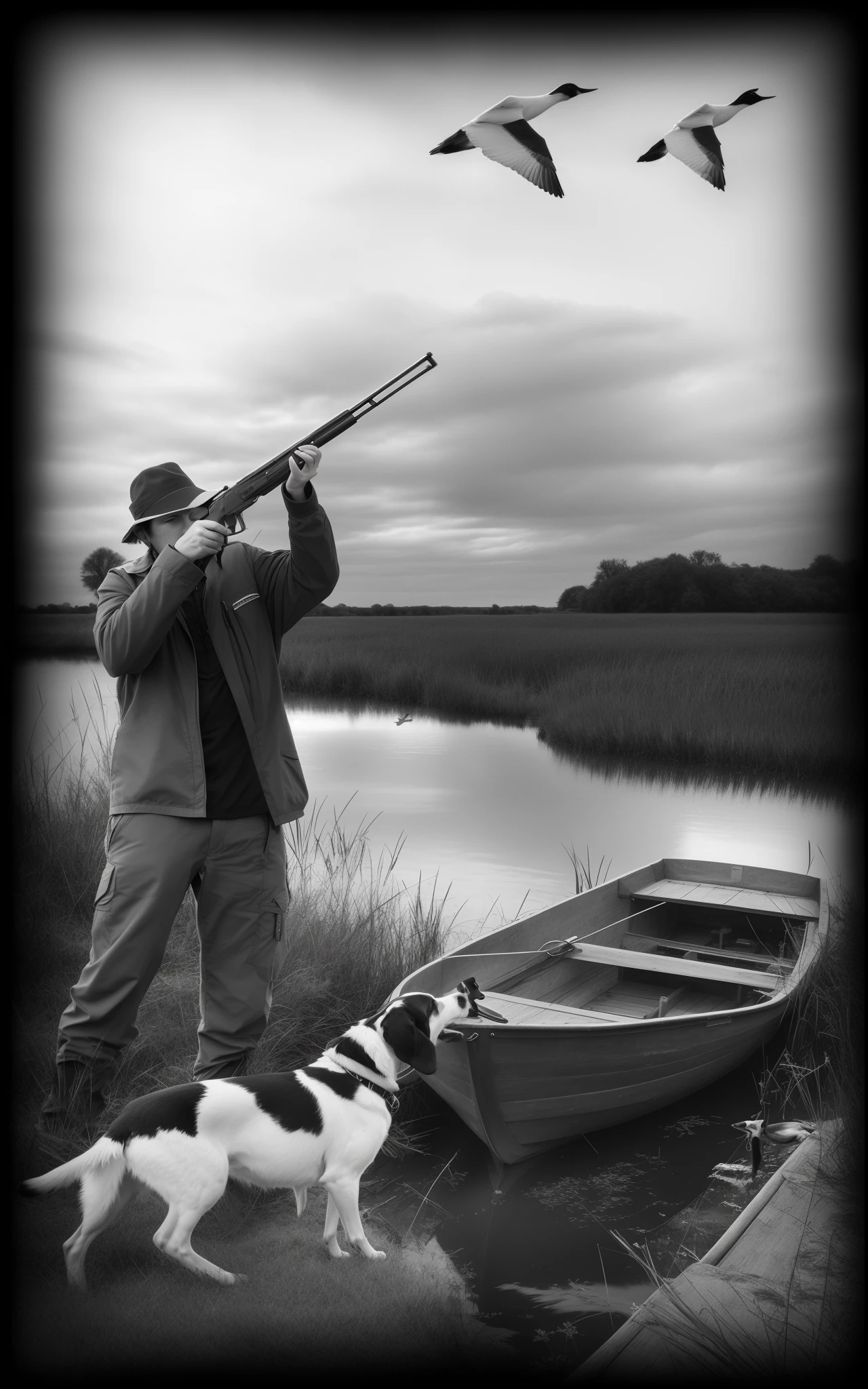 very beautiful photo, Hunter with a gun takes aim, hunting dog barks, flying ducks, boat, River, Reeds, grass, trees, nature