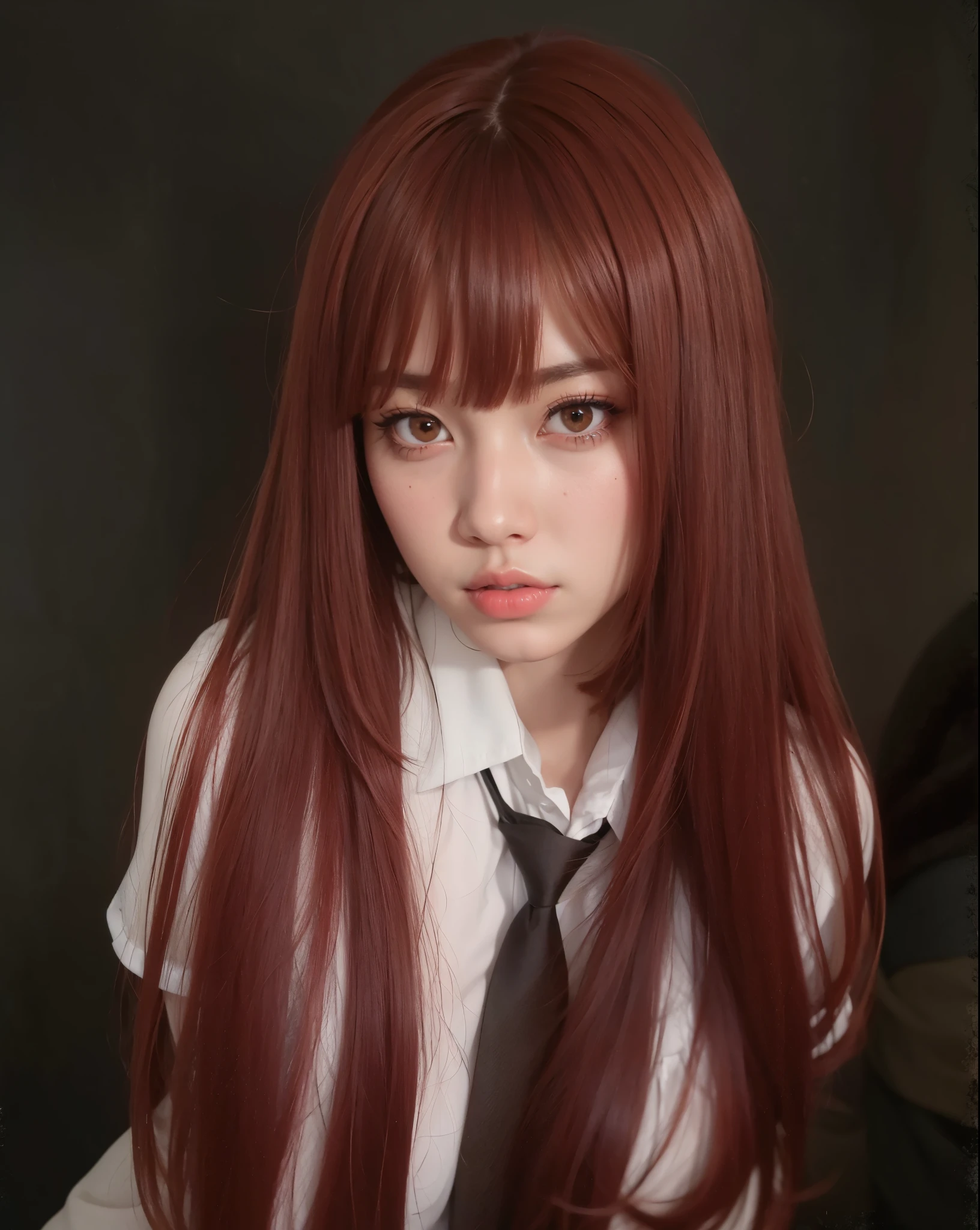 there is a woman con el pelo largo y rojo wearing a tie, long red brown hair, long brown hair with bangs, el corte de hime, Rena nunen estilo 3/4, shikami, brown hair with bangs, peluca roja, pelo largo con flequillo completo, brown hair and bangs, ulzzang, con el pelo largo y rojo, pale red, reddish - brown