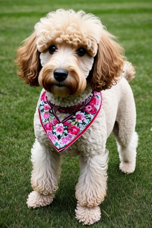  ,Tosa de poodle: 
O os cortes de pelo de Poodle. The ends are left bare with a pompom at the end, On the hands and feet, the tail is left rounded and the chest, the kidneys and head, peludos. It is the most used haircut in dog competitions and exhibitions..
 with a red bandana around his neck running fast on flowery grass