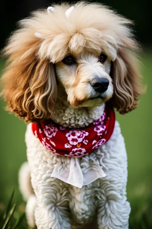 ,Tosa de poodle:
O os cortes de pelo de Poodle. The ends are left bare with a pompom at the end, On the hands and feet, the tail is left rounded and the chest, the kidneys and head, peludos. It is the most used haircut in dog competitions and exhibitions..
with a red bandana around his neck running fast on flowery grass