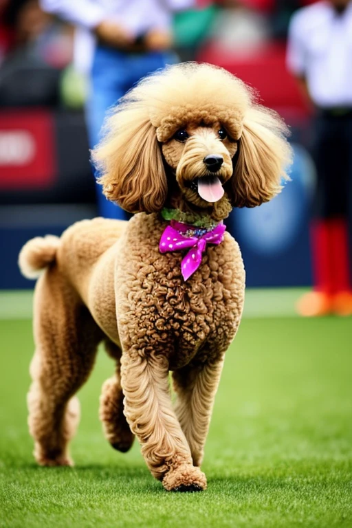 ,Tosa de poodle:
O os cortes de pelo de Poodle. The ends are left bare with a pompom at the end, On the hands and feet, the tail is left rounded and the chest, the kidneys and head, peludos. It is the most used haircut in dog competitions and exhibitions..
with a red bandana around his neck running fast on flowery grass