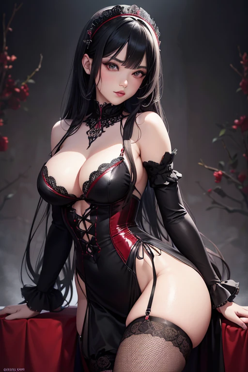 (best quality,4k,8k,highres,masterpiece:1.2),ultra-detailed,(realistic,photorealistic,photo-realistic:1.37),oriental gothic girl in sexy nurse lingerie,beautiful detailed eyes,beautiful detailed lips,extremely detailed eyes and face,long eyelashes,seductive expression,elegant pose,dark and mysterious atmosphere,mist-filled background,soft and glowing lighting,gothic architectural elements,dramatic shadows,flowing black hair,vibrant red and black color scheme,exquisite lace details,pleated skirts with ruffles,long gloves and garters with intricate designs,fishnet stockings,high heels with elegant straps,delicate silver accessories,subtle hints of Asian cultural influences,symbolic patterns like cherry blossoms and dragons,30s pin-up style,charming,alluring,dangerous femme fatale,provocative yet classy,enchanted and captivating presence,unforgettable and hauntingly beautiful.