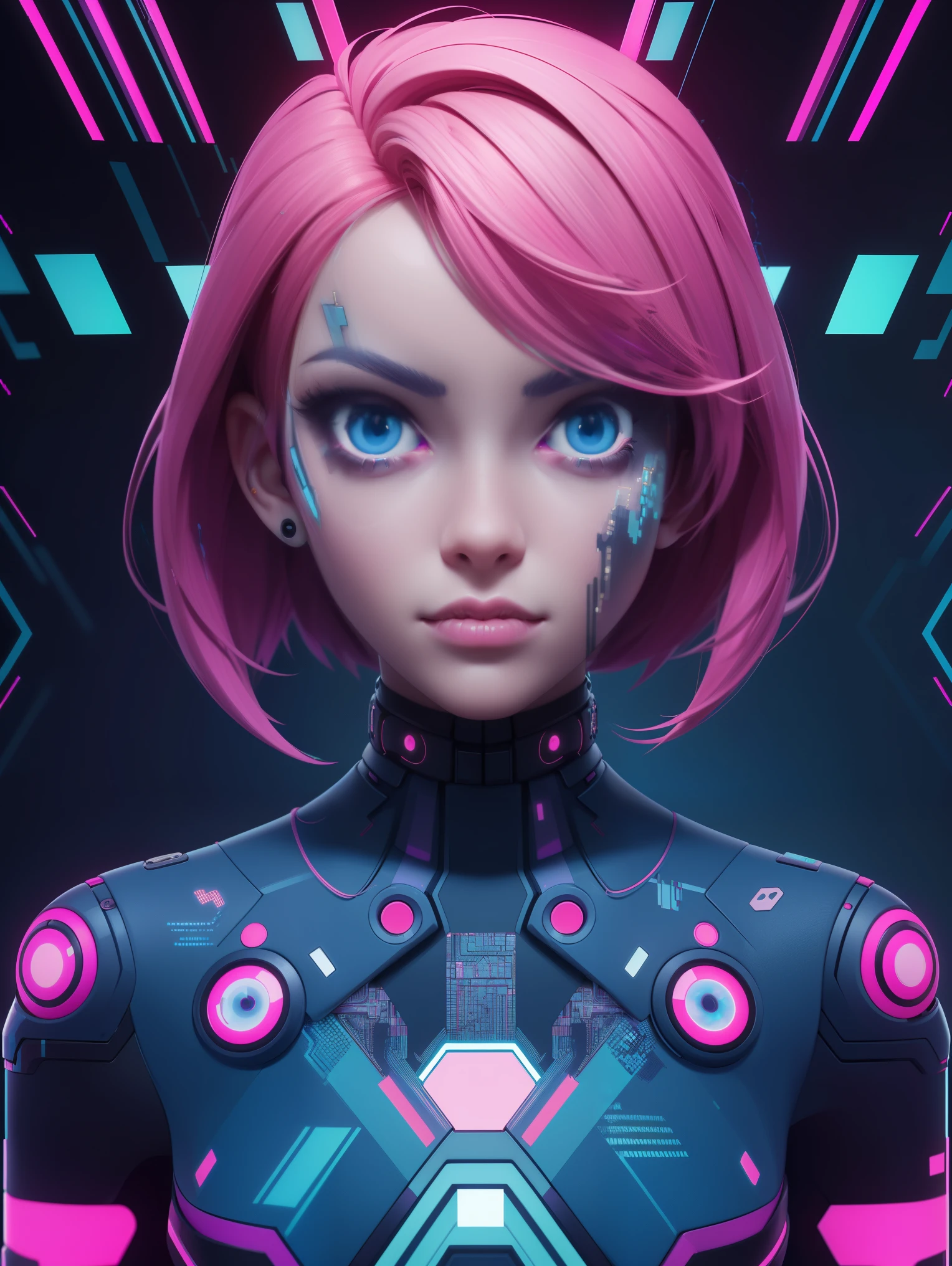 solo, 1girl, ((portrait)), (electric pink hair), (electric blue eyes), ((Cyber punk outfit)), (symmetrical eyes), (Perfect face), (Perfect ???????), (looking at viewer), (cyber shot), ((Glitch Art background)), (glitch art:1.6) ((glitch effect)), (8k), (HD), (Cinematography)