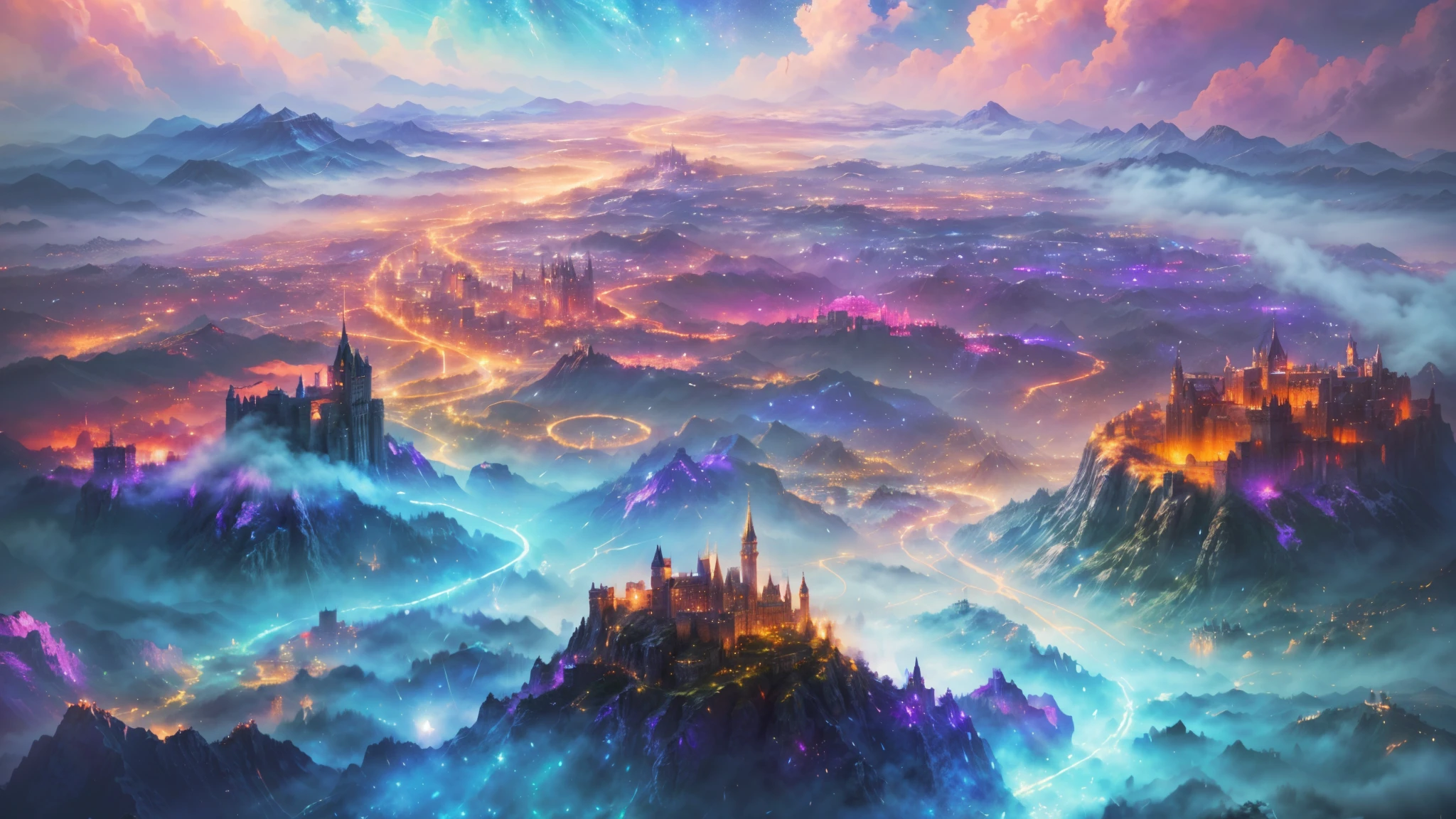 a painting of a castle on a mountain with a sky background, fantasy cityscape, epic dreamlike fantasy landscape, 4k highly detailed digital art, detailed dreamscape, fantasy city background, detailed fantasy digital art, ethereal starlit city at sunset, magical city, fantasy city, sci-fi fantasy wallpaper, impressive fantasy landscape, 4k fantasy art