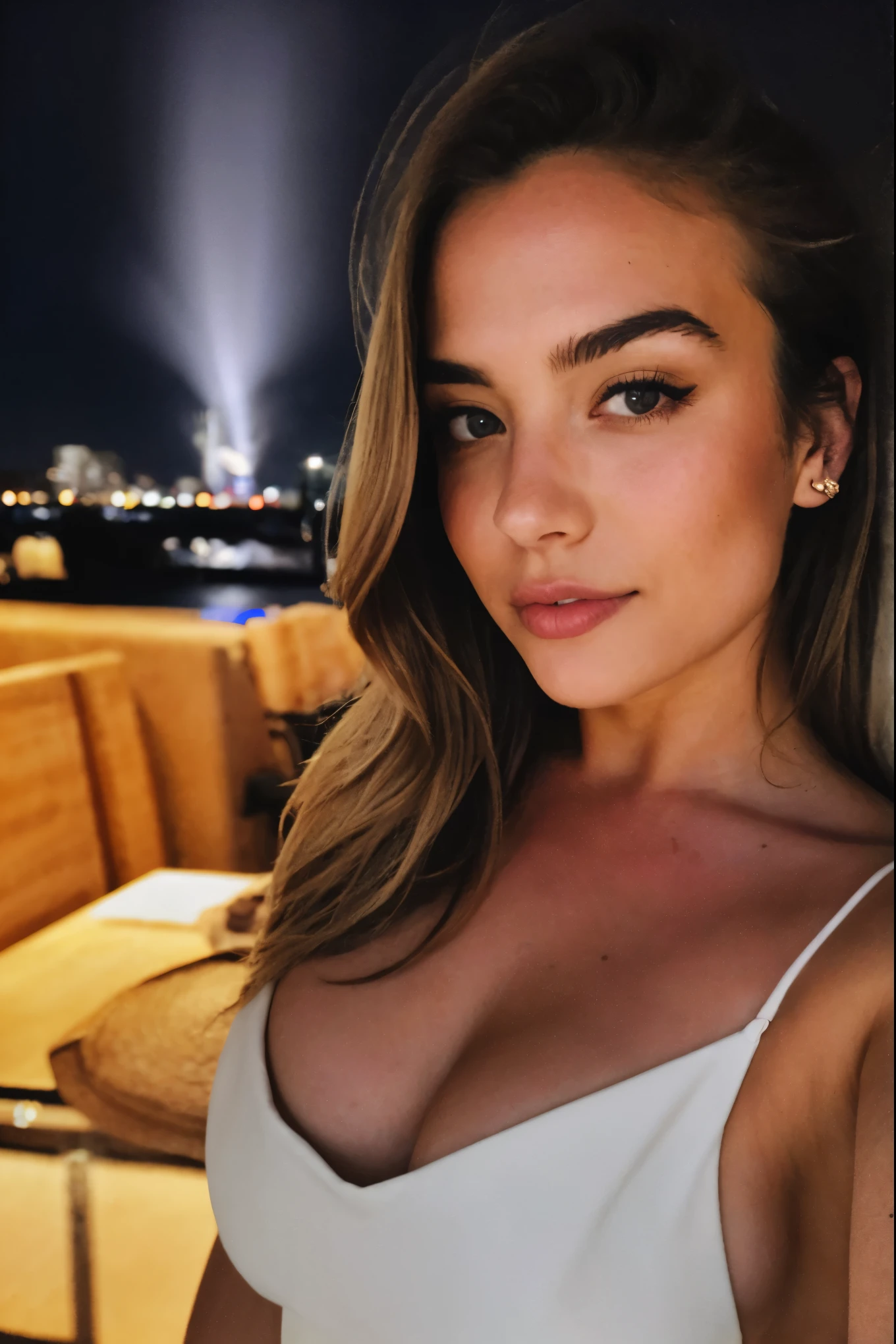 photograph, photo of beautiful woman, 20 years old, beautiful body, sexy, selfie, upper body, solo, wearing an elegant dress, Paris café at night, (night), skin texture, photo grain, close up, RAW photo
