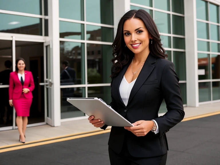 smiling woman in business attire holding a clipboard in front of a building, woman in business suit, young business woman, business woman, woman in black business suit, female in office dress, girl in suit, female lawyer, girl in a suit, corporate style, office clothes, well lit professional photo, business clothes, proffesional, professional, wearing business suit