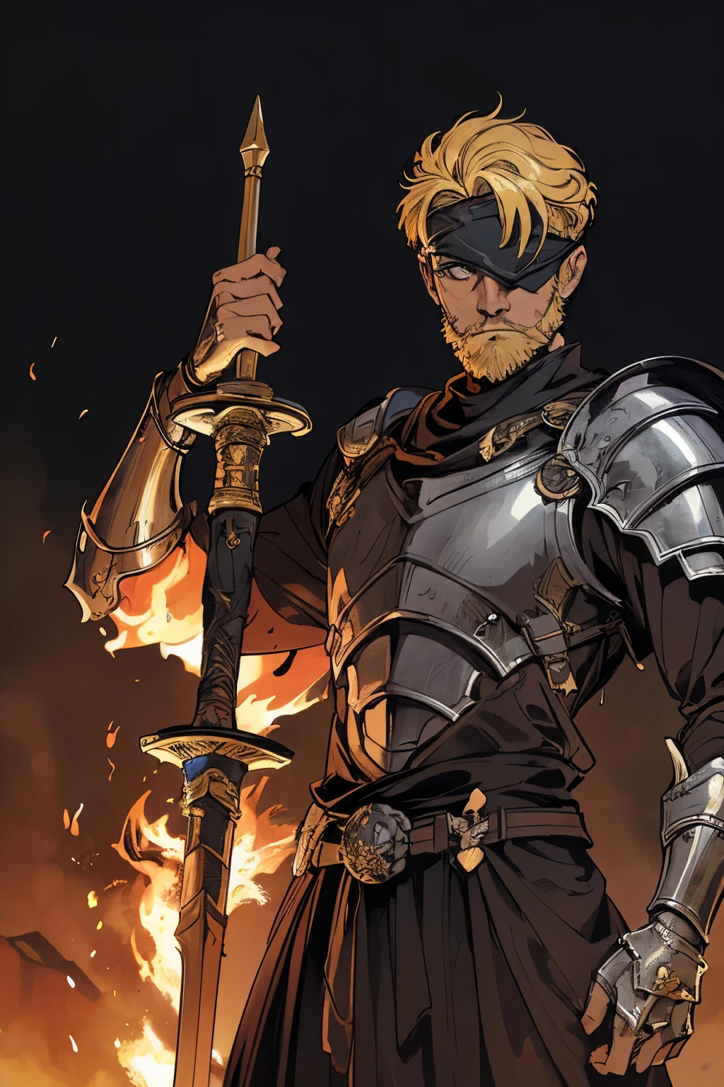 masterpiece:1.2, best quality, 1man, older male, absurdres, fire, dark, action shot, futuristic knight, fantasy, SCI-FI holding sword, centered, portrait, in the style of Kentaro Miura, blonde male focused, bearded, no eyes, empty eye sockets, action shot, lack of eyes, (no eyes), masculine, muscular,