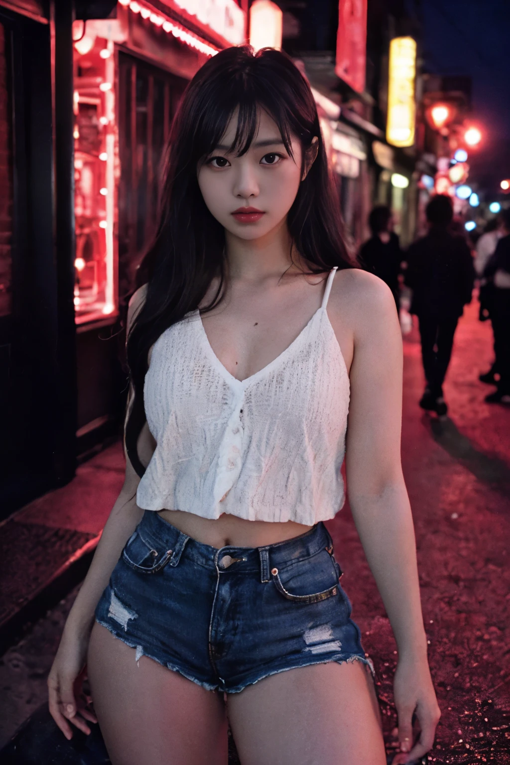 (in 8K, Raw-Photo, best quality, masterpiece:1.2lady, posing seductively to viewer, solo:1, pov, beautiful thick thighs, red light district background, long hair, 3/4 body, V neck mini hot shorts nikon d850, film stock photograph ,4 kodak portra 400 ,camera f1.6 lens ,rich colors ,hyper realistic ,lifelike texture, dramatic lighting , cinestill 800,