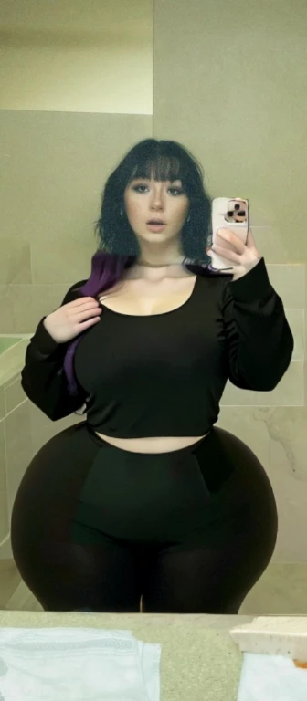 arafed woman taking a selfie in a mirror with a cell phone, with pale skin, she looks like a mix of grimes, goth girl aesthetic, 1 7 - year - old goth girl, looks like a mix of grimes, goth aesthetic, pale goth beauty, looks a blend of grimes, very very very pale white skin, resembling a mix of grimes, Big tits, huge tits, no clothes, sexy, cute, wide hips, thick thighs, pear-shaped body, minimal clothes, thick, bbw, chubby stomach, thick nipples, nipple piercings, large areola, hard nipples, piercing through shirt, nipples hard through shirt, busty, major cleavage, naked, ripping through top, spilling over sides, bra too tight, giant tits, dominatrix, dominatrix clothes, revealing clothes, ass so fat you can see it from the front, extra wide hips, bursting out of tight clothes, grabbing ass, upper body