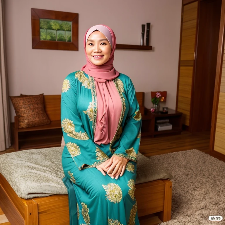 A mature malay woman, 45 years old, wear a hijab, wear malay woman kain sarung batik, big breasts and butts, smile looking horny, photo taken fullbody at the room, sexy, seduce, 
