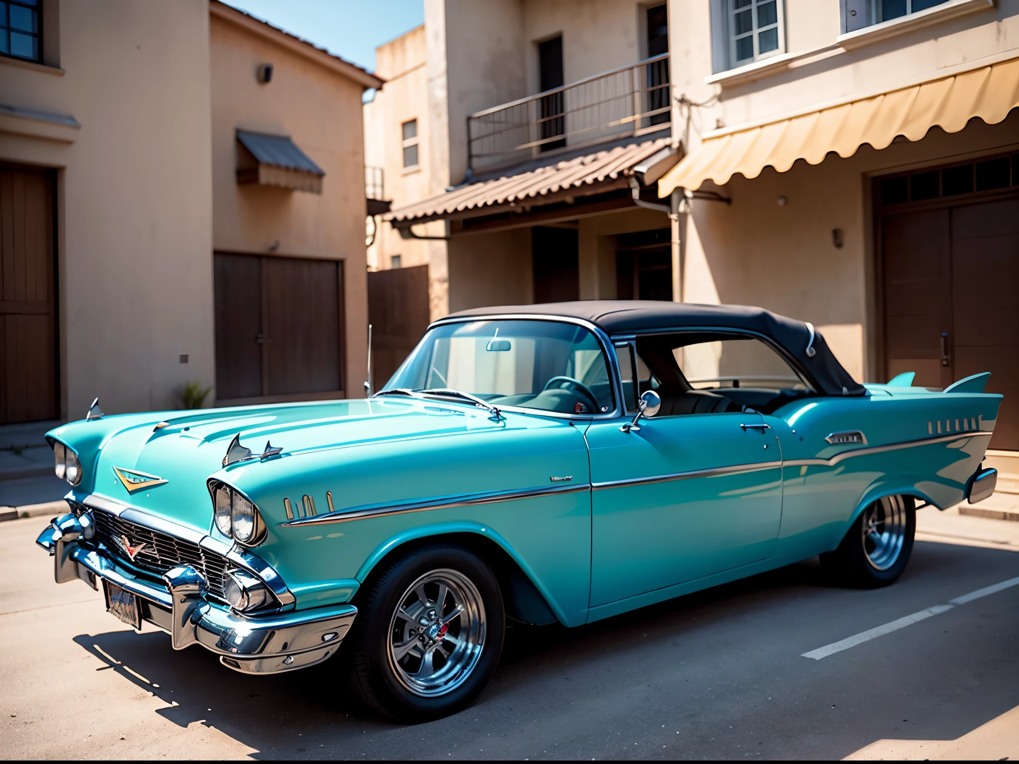 1959 Chevrolet Bel Air convertible with a girl with sunglasses driving it, RODA ESTRELA, RODA LARGA, METALLIC METALLIC COLOR, Headlights on, VIDROS ESCUROS, DETALHES EM COR DOURADO, FRISOS EM COR DOURADA, TETO SOLAR, ESCAPAMENTOS LATERAIS, FIRE DESIGN ON THE FRONT HOOD, ultra realista, raw, 8k, as realistic as possible, alta qualidade, obra prima, foto premiada, color correction