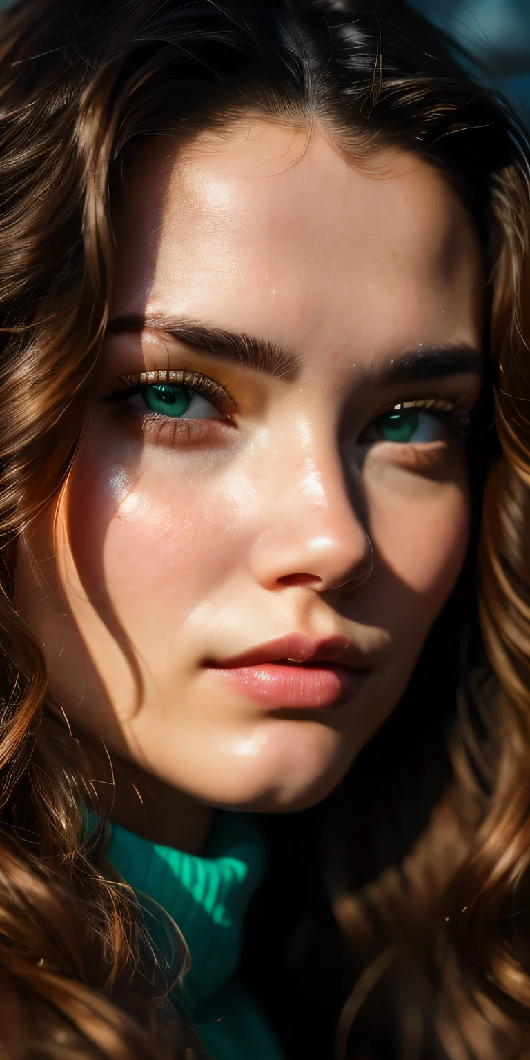 Full face portrait photo of 19 year old European girl, RAW, beautiful woman, half-open strawberry lips, dimples, longing gaze, green eyes, big pupils, big eyelashes, (very long wavy brown hair), ((detailed face)), ((detailed facial features)), (fine skin), pale skin, Cyberpunk megacity environment, (cold colors), wet, damp, reflection, (masterpiece) (perfect proportions) (realistic photos) (highest quality) (detail) shot with Canon EOS R5, 50mm lens, f/2.8, HDR, (wallpaper) (cinematic lighting) (dramatic lighting) (sharp focus) (complex), (face close-up), realistic shadows, hyper-realistc.