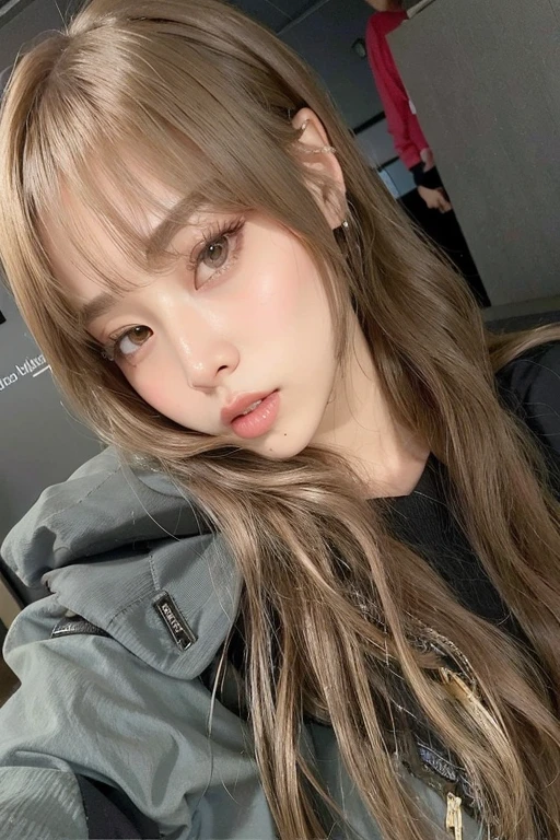 um close up de uma mulher com cabelos longos usando uma jaqueta, Lalisa Manobal, Lalisa Manoban do Blackpink, com franja, Sun Yunjoo, com franja completa, long hair com franja completa, parque roseanne de blackpink, estacionar a partir de-min, neat hair com franja, jossi do blackpink, jaeyeon nam, long hair com franja