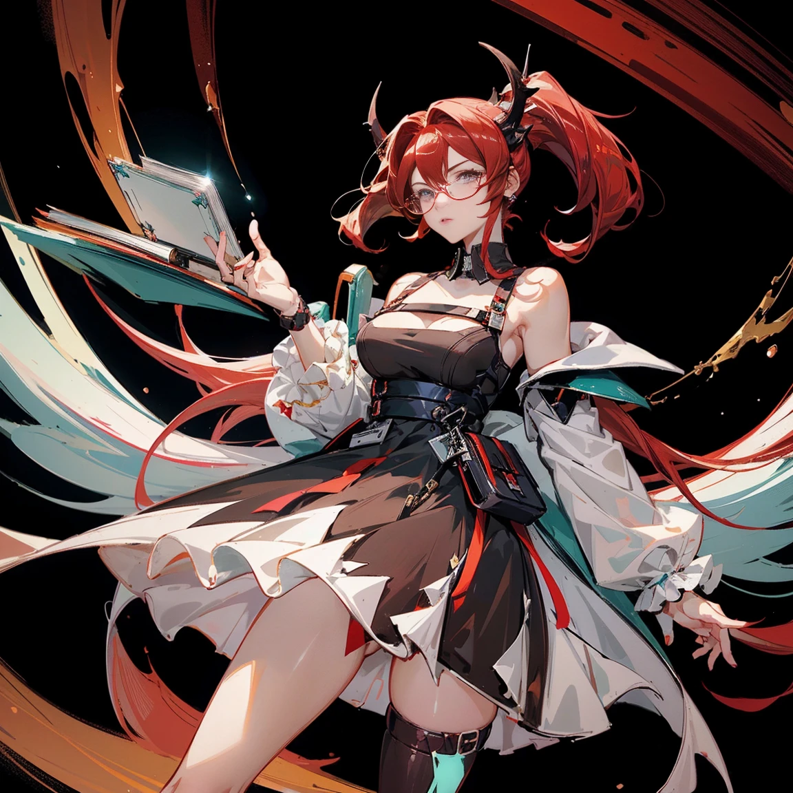 Mature anime girl (28 years old), red hair, high ponytail, one white streak of hair in the front, crystal hair band , ((glasses)), librarian dress, shoulder pads that look like wings, color palette red gold and teal, books