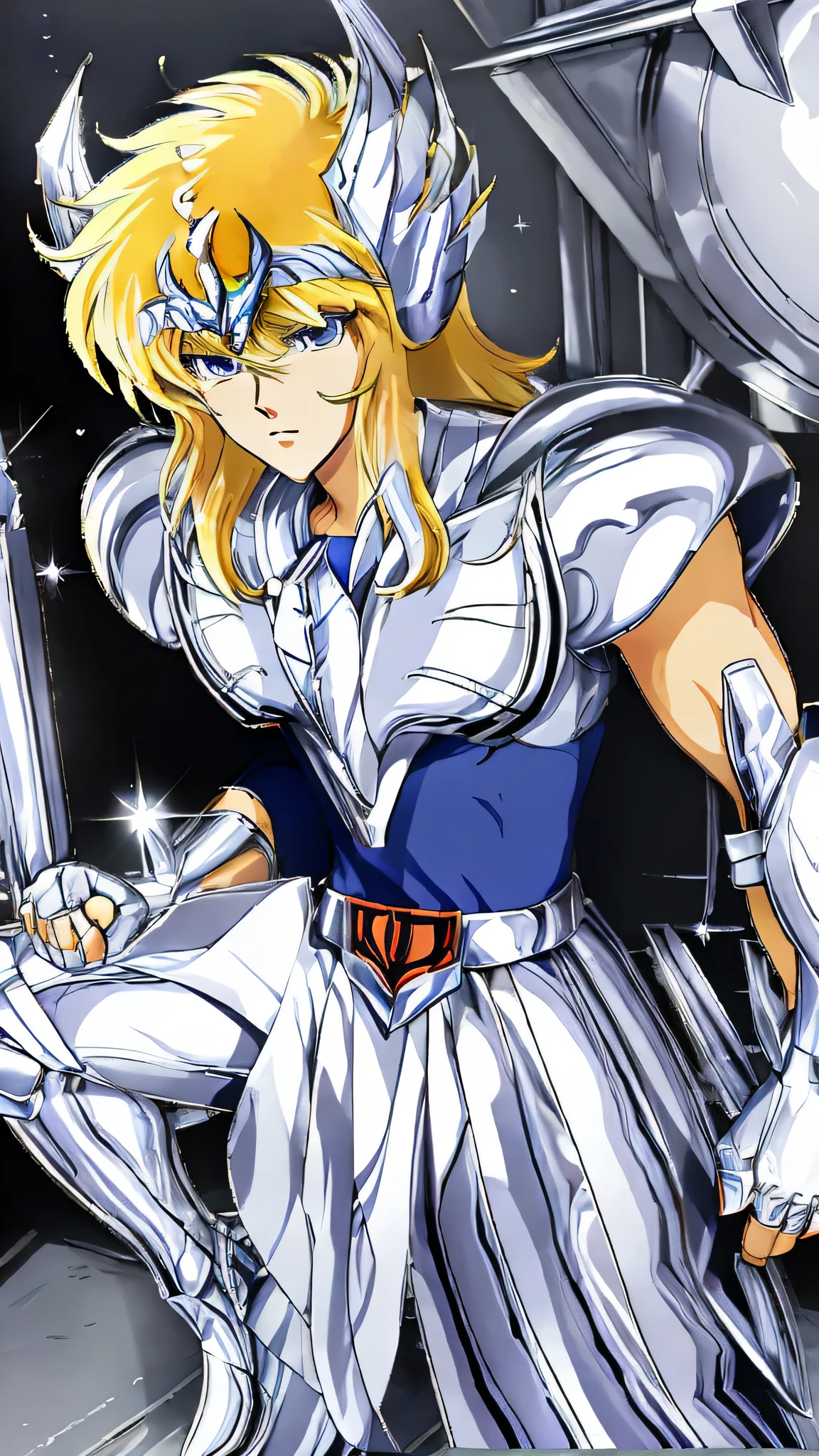 A photo of a male anime character, boy from Knights of the Zodiac, Saint Seiya, yellow hair, portrait of a boy from Knights of the Zodiac, white mecha weapon, covered in full metal armor, shiny white armor, art style Yu- Gi -Oh, Japanese cybernetic style armor, with elegant silver armor, glamorous Angewoman from Digimon, Greek god in mecha style, covered in full silver armor.