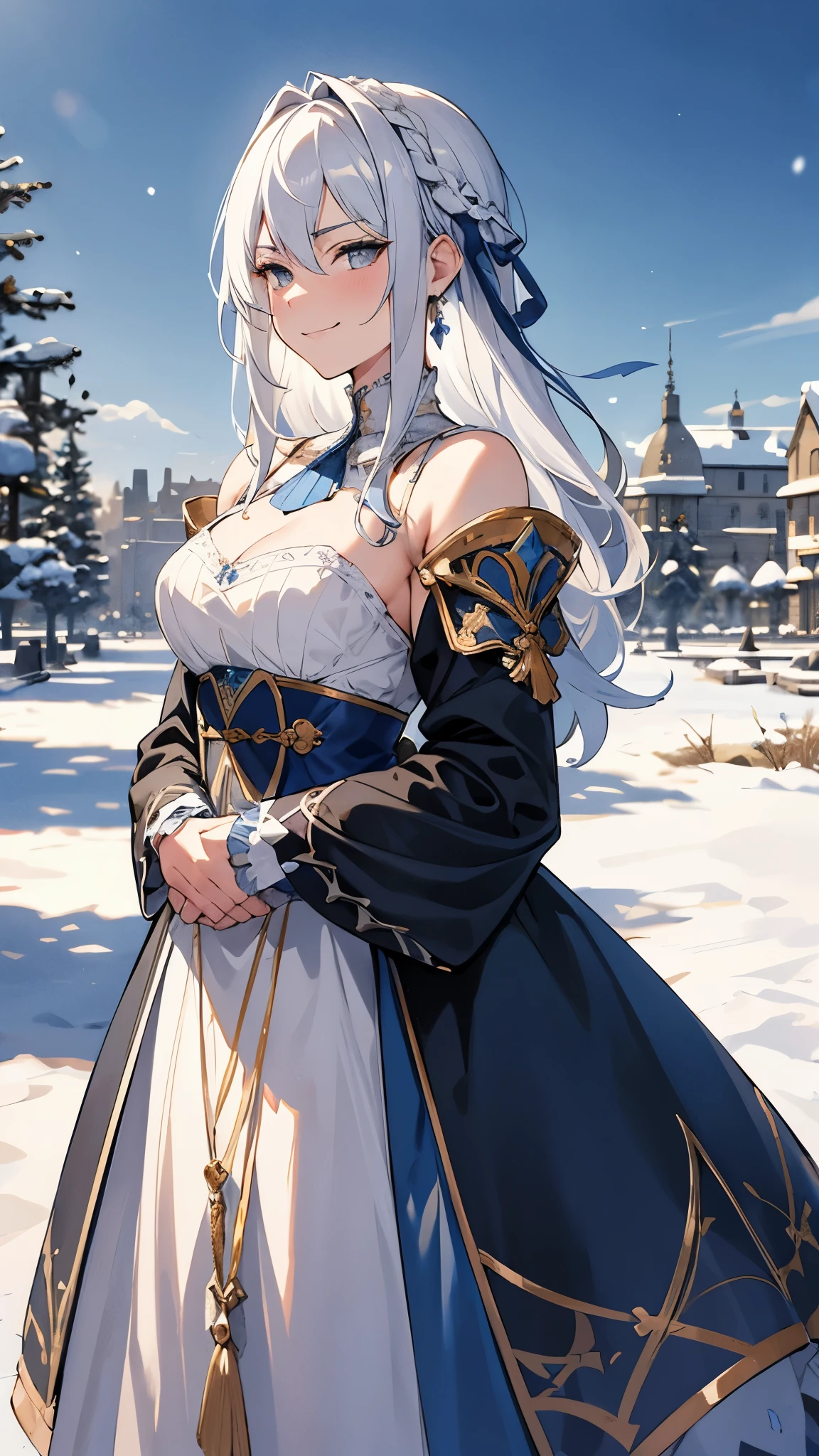 [[[ ultra-detailed, best quality, soft skin, beautiful, 4K]]], (masterpiece 2.1) pov, 1girl, gray eyes, white hair with shades of blue, regal medieval clothes, medium hair, shoulder-length hair, mature, evil smirking, arms crossed,  snowy royal gardens background 