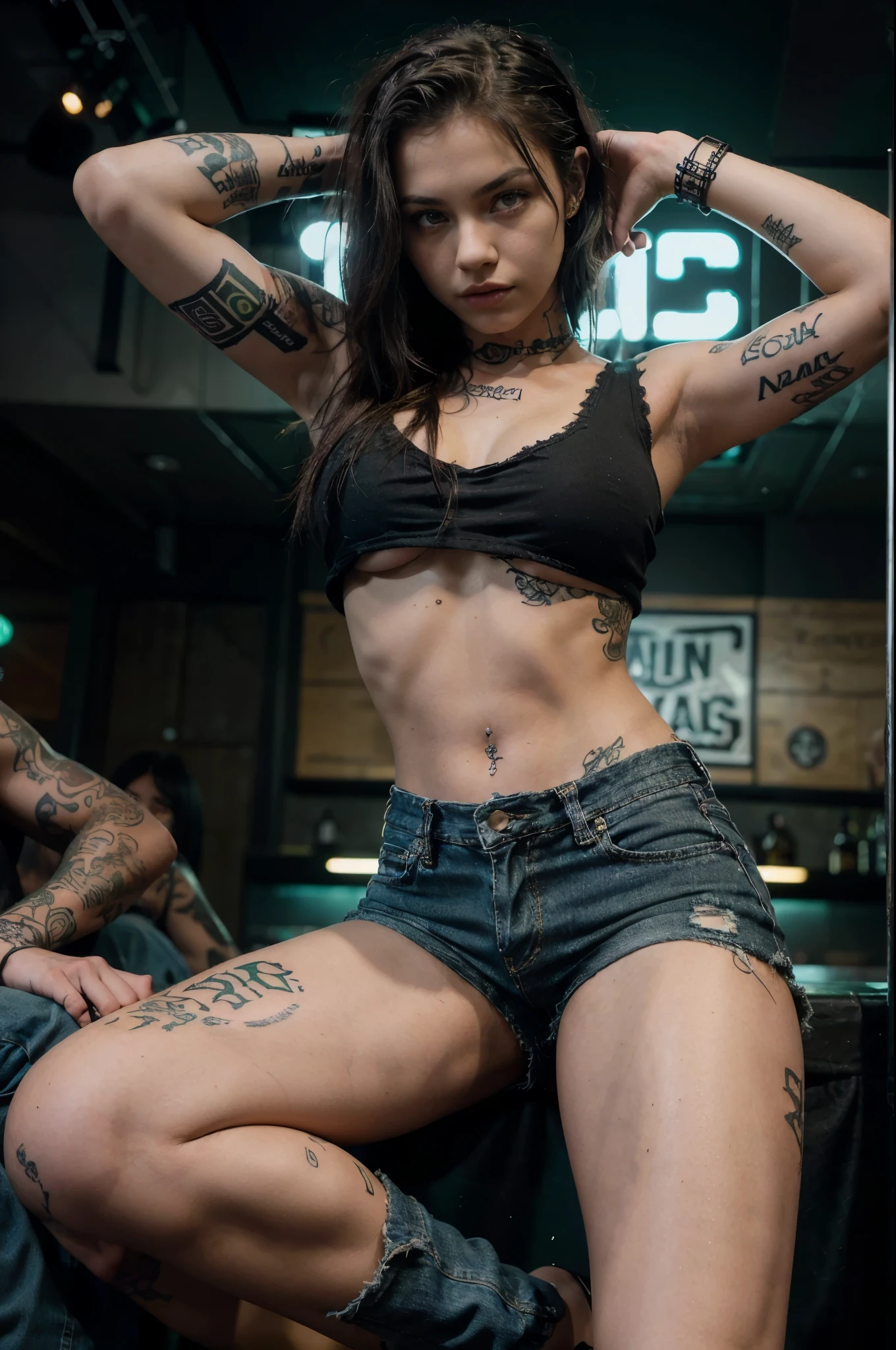 young girl, (16 years old), (perfect face), fit body (covered in tattoos), (style: rocker), (with green eyes color), (full body only), (wearing: black band t-shirt, ripped jean shorts ), underboob, sitting, legs apart, drinking beer, (black, short, straight hair), (medium, rounded breasts), (in the background, rocker style night club).