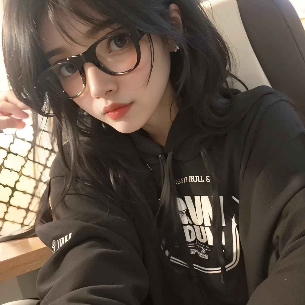 arafed woman with glasses and a black shirt sitting in a chair, she has black hair with bangs, 18 years old, wavy long black hair and glasses, black glasses, black hair and large eyes, 1 7 -  - old h girl, she has black hair, an emo girl, with glasses, black haired girl wearing hoodie, wearing black glasses, joy red velvet