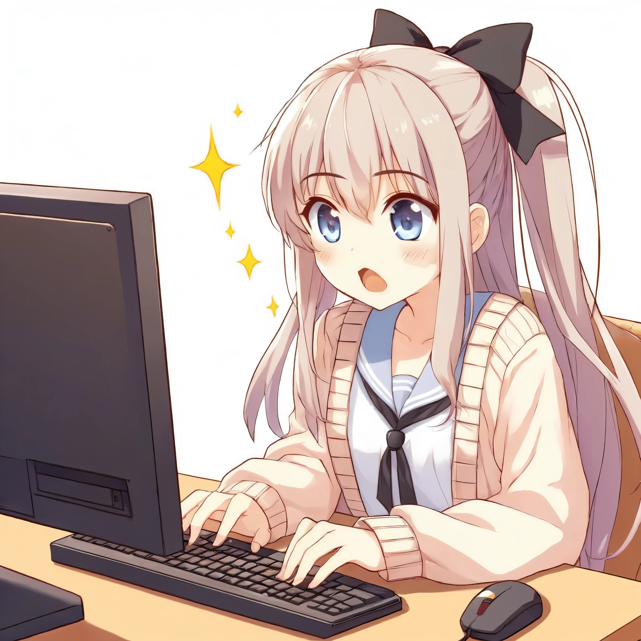 anime girl with long hair and blue eyes using a computer, anime moe artstyle, cute anime girl, (anime girl), cyber school girl, sitting at a computer, in front of a computer, an anime girl, young anime girl, kantai collection style, digital anime illustration, at pixiv, high quality anime artstyle, ecchi anime style