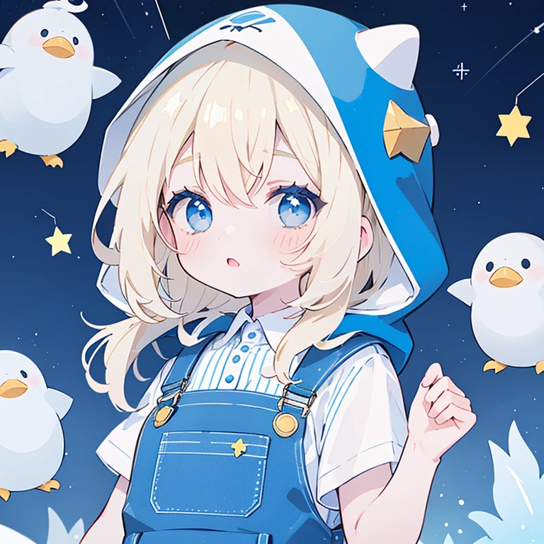 A girl with pale white skin and light blonde curly hair wearing a blue hood that looks like a penguin and light blue overalls with a striped blue and white shirt underneath and cute light yellow stars surrounding her