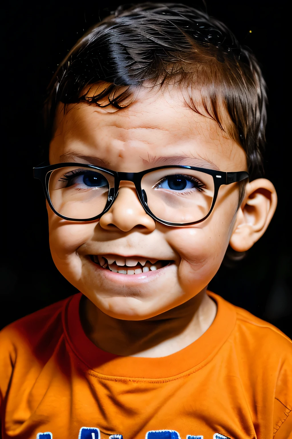 close-up Portrait of a 3 y.o boy, wearing glasses, yellow t-shirt, black background, studio light, chiaroscuro light, 8k, intrincate., nerdinho2024