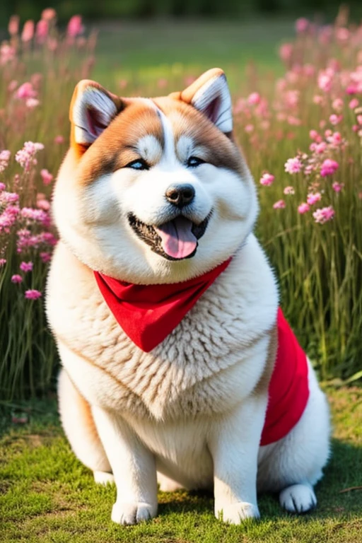  chubby very furry Akita dog with red bandana around neck on a flowering grass