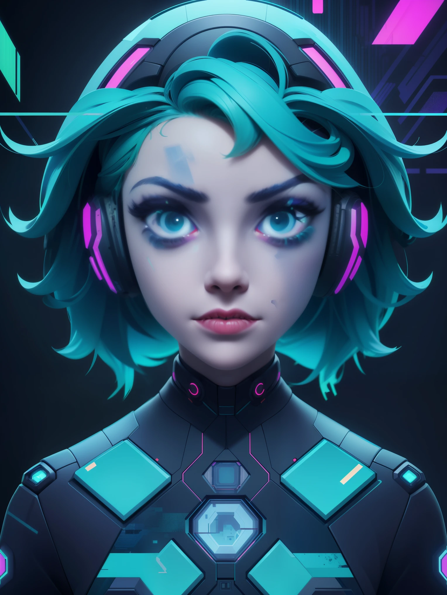 solo, 1girl, ((portrait)), (electric green hair), (electric blue eyes), ((Cyber punk outfit)), (symmetrical eyes), (Perfect face), (Perfect Anatomy), (looking at viewer), (cyber shot), ((Glitch Art background)), (glitch art:1.6) ((glitch effect)), (8k), (HD), (Cinematography)
