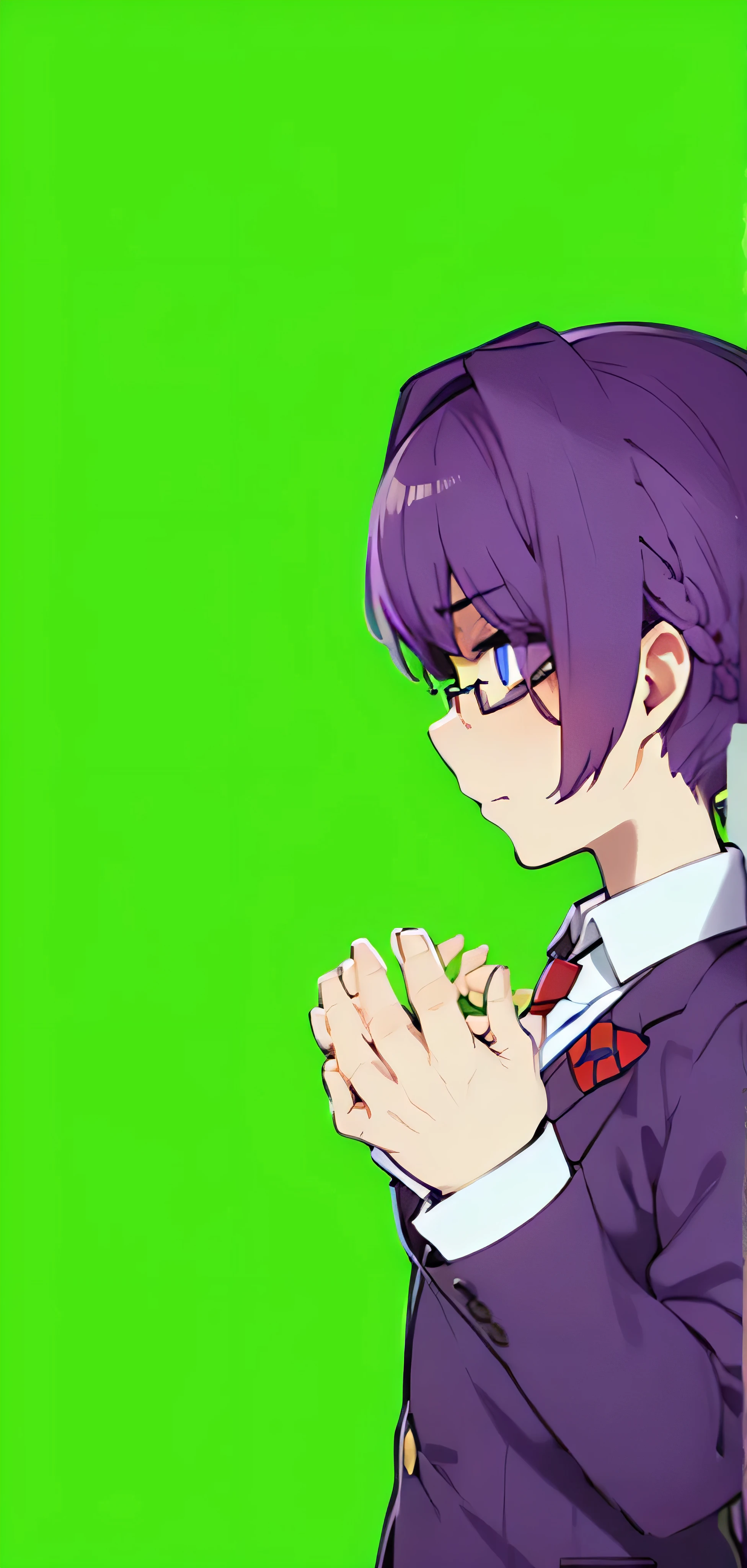 boy, purple hair almost to the shoulders, purple school uniform, red, tie,Grey shoes,Black poison glasses, Blue eyes,