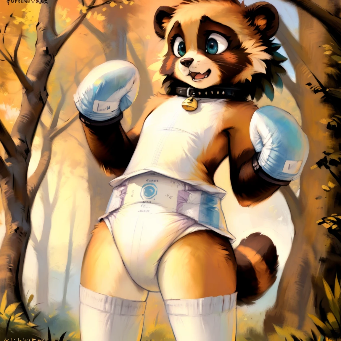 (((by fluff-kevlar, by Zackary911, by Kenket, by Kilinah))), solo  ((white Tanuki)), (detailed white Tanuki)) wearing a thick diaper with green  hurricane shaped symbol pattern, muscular abs, white tanuki, green clear eyes , white fur, white stripes, white tanuki fluffy  white ring tail, messy hair, shirtless, trapped, stretched raised arms,  suspended  with chains ,  wrists tied hanging from a spreader bar with chains, chained legs to spreader bar, stretched , genital focus, looking at the observer with ashamed  face, scared , perspective, finely detailed paws, padded wrist cuffs,padded ankle cuffs, padded collar, scared , on futuristic laboratory, cute, japanese mascot,  proportions,  anatomy,