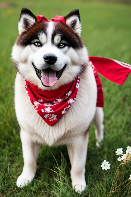  very hairy Akita dog with red bandana around his neck on a flowering grass
