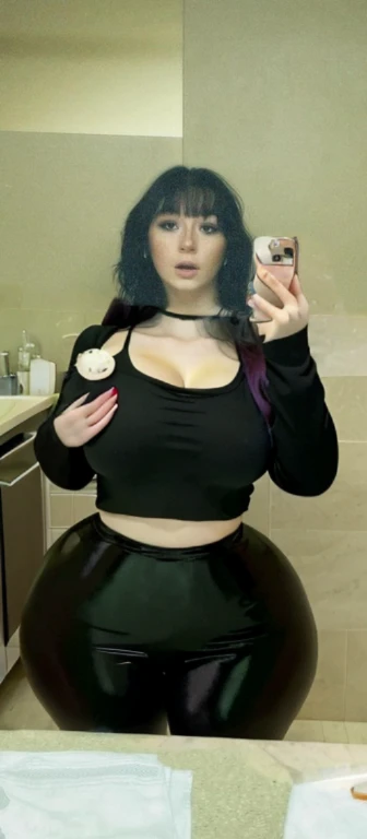 arafed woman taking a selfie in a mirror with a cell phone, with pale skin, she looks like a mix of grimes, goth girl aesthetic, 1 7 - year - old goth girl, looks like a mix of grimes, goth aesthetic, pale goth beauty, looks a blend of grimes, very very very pale white skin, resembling a mix of grimes, Big tits, huge tits, no clothes, sexy, cute, wide hips, thick thighs, pear-shaped body, minimal clothes, thick, bbw, chubby stomach, thick nipples, nipple piercings, large areola, hard nipples, piercing through shirt, nipples hard through shirt, busty, major cleavage, naked, ripping through top, boobs spilling over sides, bra too tight, giant tits, dominatrix, dominatrix clothes, revealing clothes, ass so fat you can see it from the front, extra wide hips, bursting out of tight clothes, grabbing ass