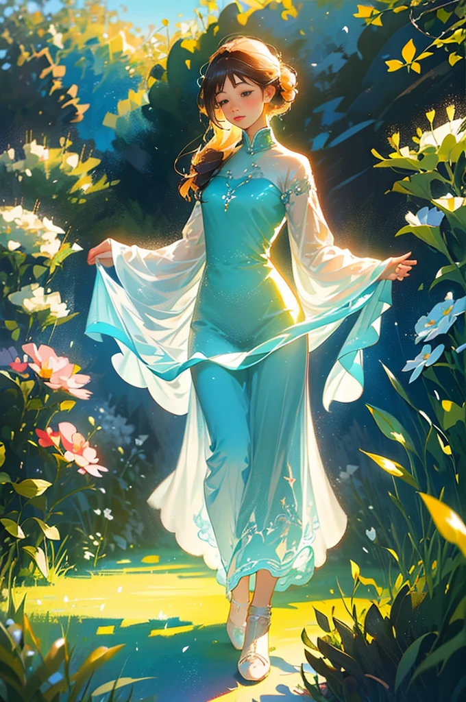 In a blurry and dreamy garden, there stands a warm girl with beautiful detailed eyes. Her soft hair flows in the wind, as she gazes out into the lush green grass. The atmosphere is peaceful, with sunlight filtering through the trees, casting soft pastel colors and creating subtle light and shadows. Delicate flowers bloom all around her, attracting butterflies that dance in the air. A gentle breeze whispers through the scene, creating a serene mood. The artistic illustrations of this picture capture the essence of the scenery, with a soft watercolor effect and an impressionistic style. The calming and relaxing scenery is enhanced by the vibrant and harmonious color palette, creating an ethereal and tranquil ambiance. The subtle gradient background adds a quiet and subdued touch,