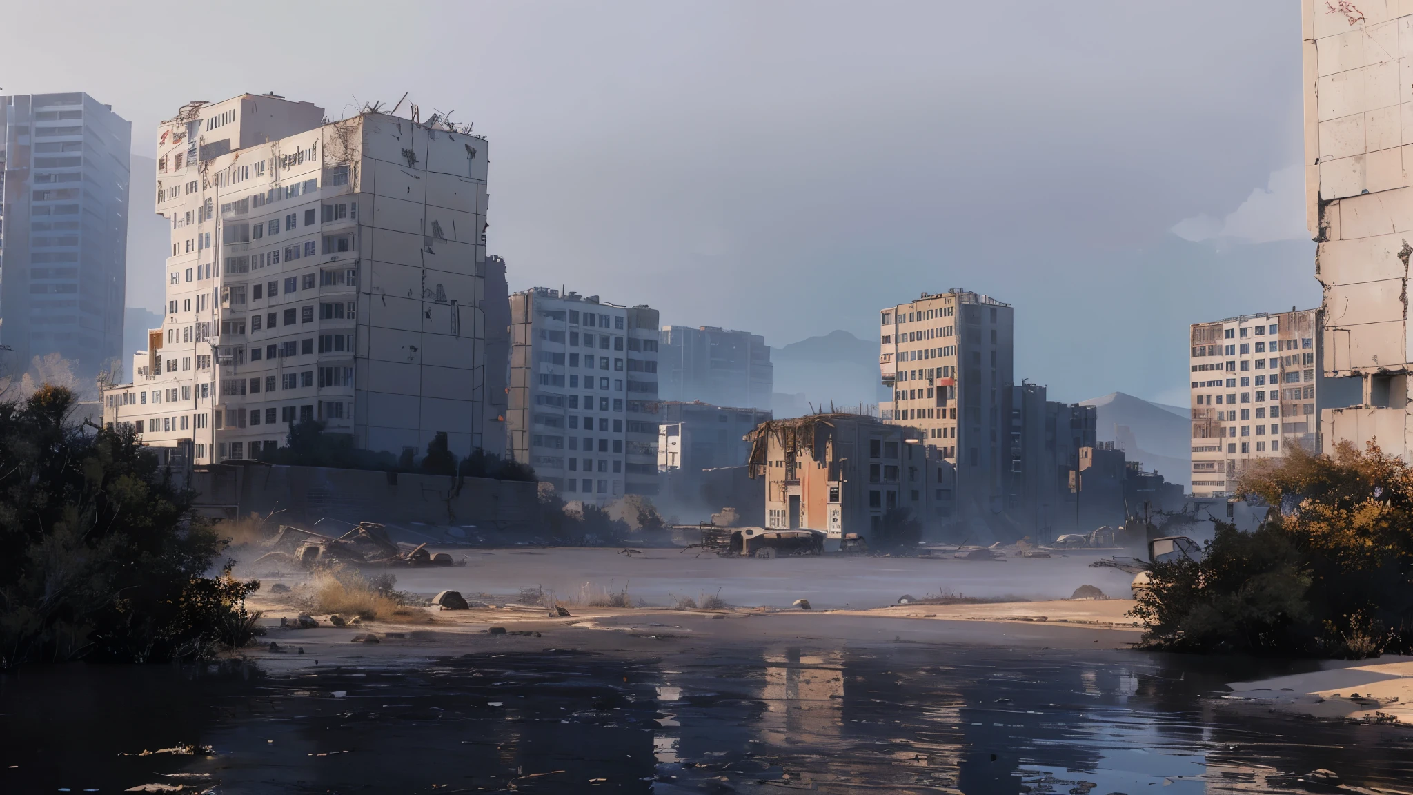 (Best quality, 8K, 32K, masterpiece, UHD: 1.2, ray tracing: 1.2, real: 1.2),  (Side: 1.5), (Soviet panel houses in a swamp), water in the foreground, sandy red canyons in the distance, (Prairie, Long distance:1.5),  road works sign in the background, beautiful post-apocalic sky, White clouds, (((Post-apocalyptic wasteland))) 