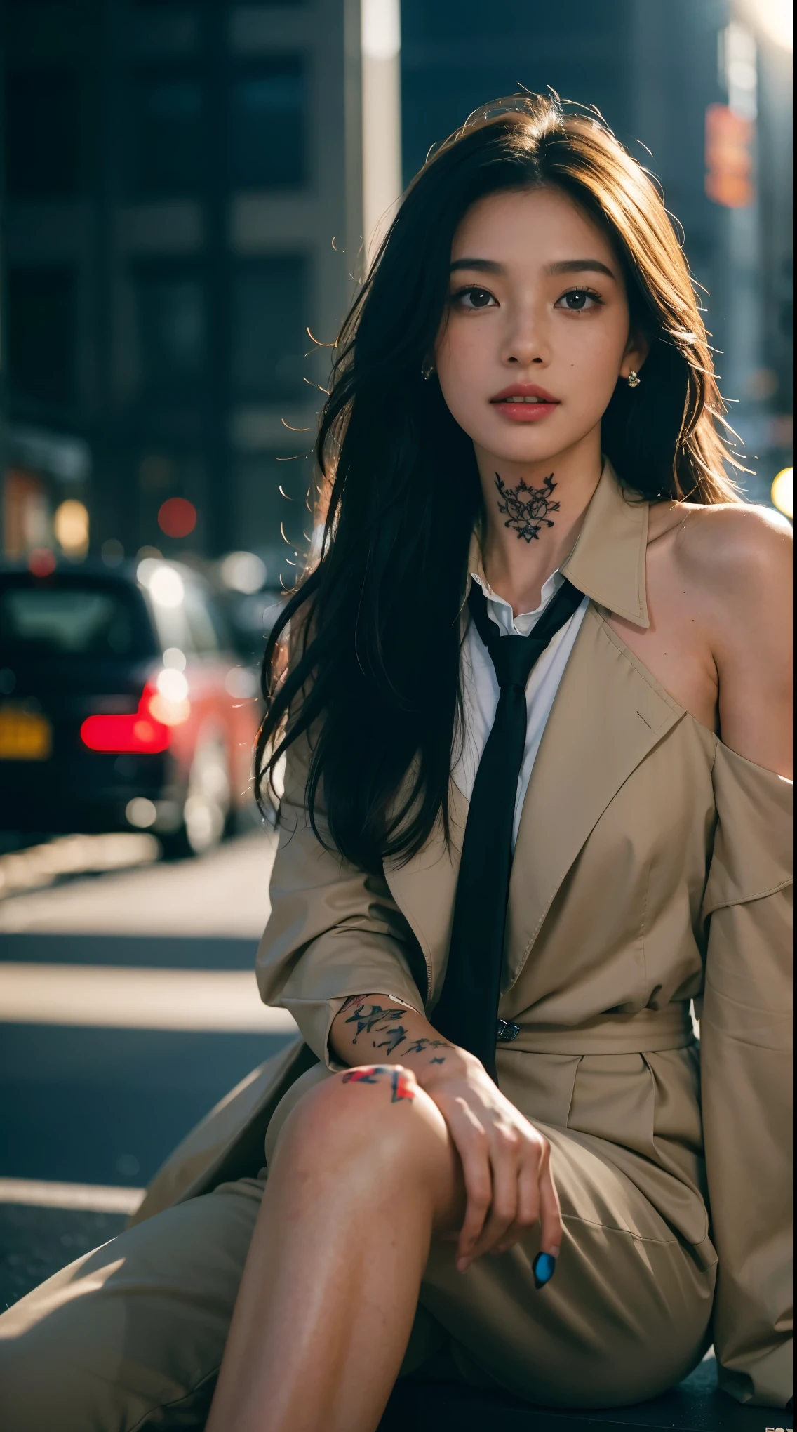 50 years old, gorgeous cute Brazilian girl, smirk, freckles, polaroid photo, (dark skin:1.4), (medium beige long hair:1.4), wear mini diamond earring, diamond colar , black trench coat, long pants, black pants, necktie, collared shirt, fullbody ,1girl,front lighting, cowboy shot, seductive model pose, feminine body, ultra detailed smooth skin pore , ultra detailed bare shoulder, detailed hand, detailed finger, bare foot, white hair ,ultra detailed lip, best quality, masterpiece, ultra detailed nose, flowing, 3dmm, ink sketch, color ink, ink rendering, realistic, portrait, beautiful detailed eyes, (alternate hairstyle), ultra detailed long hair, graceful, (charming), (delicate), pretty, cute, passion,
vivid, high dynamic range, soft light, cover,
character in the center of the frame, rhythm, fantasy, looking at viewer, shinjuku street background, wet, (Dasha Taran), Earrings, winner of most beautiful model, famous beautiful model, good young girl, (masterpiece:1.0),(best_quality:1.0), ultra high res,4K,ultra-detailed, photography, 8K, HDR, highres, absurdres:1.2, Kodak portra 400, blurry background, bokeh, lens flare, (skin texture:1.2), (vibrant_color:1.2),professional photograph, (the_tattoo:1.4), (beautiful_face:1.5),(narrow_waist). --v 6