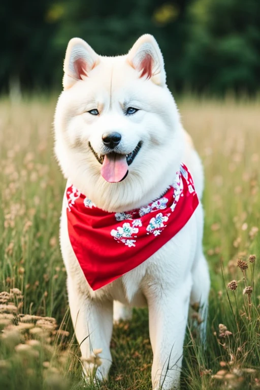 Very furry white color Akita dog with red bandana on the neck on a flowering grass