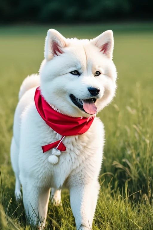 Very furry white color Akita dog with red bandana on the neck on a flowering grass