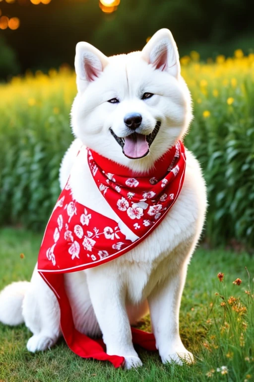 Very furry white color Akita dog with red bandana on the neck on a flowering grass