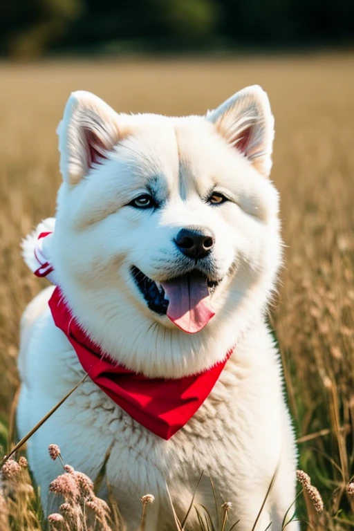Very furry white color Akita dog with red bandana on the neck on a flowering grass