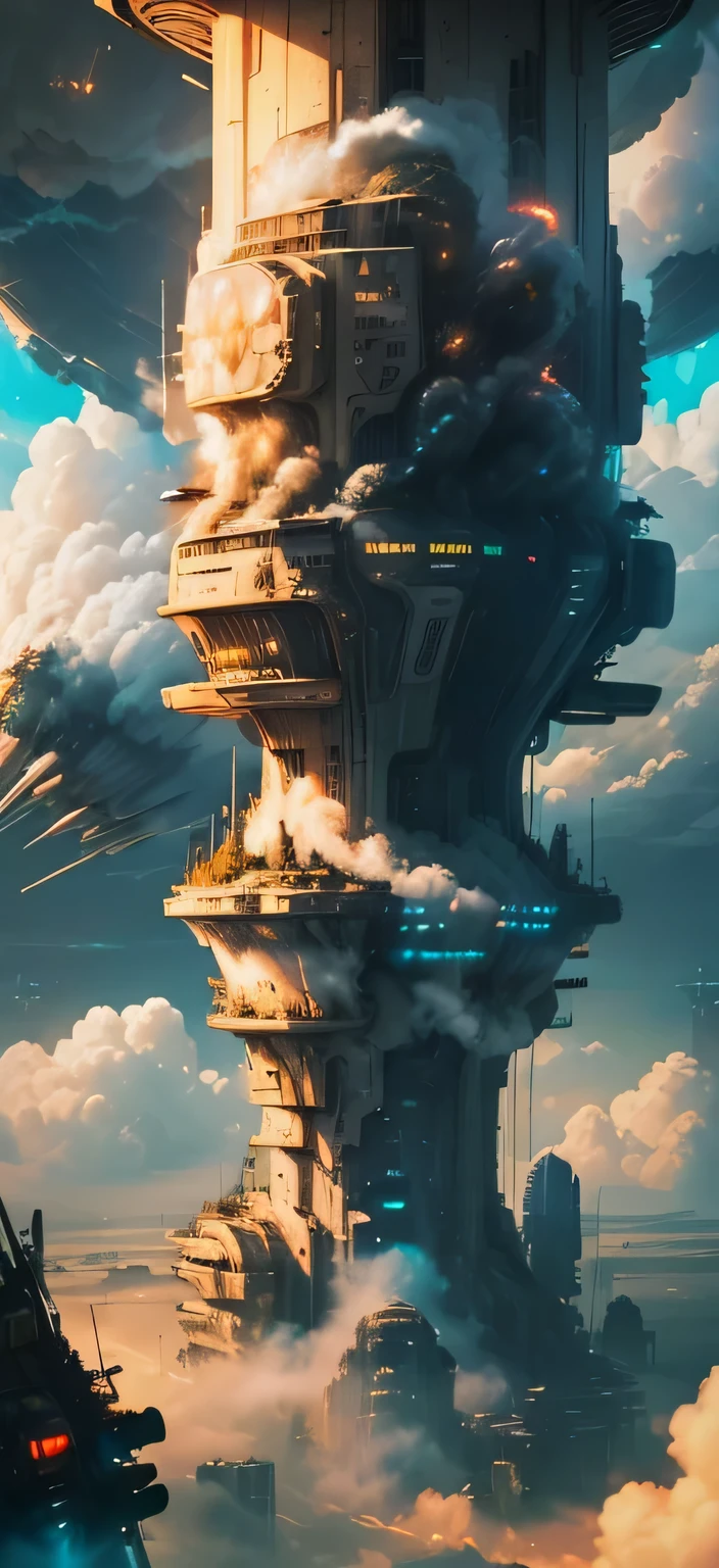 (sci-fi art:1.5), sci-fi postapocalyptic world, (a flying city:1.7), a white flying castle is located on it, (huge mechanisms spew clouds of smoke:1.3), panoramic view, clouds of smoke, storm clouds, (masterpiece), (vivid colors:1.6)