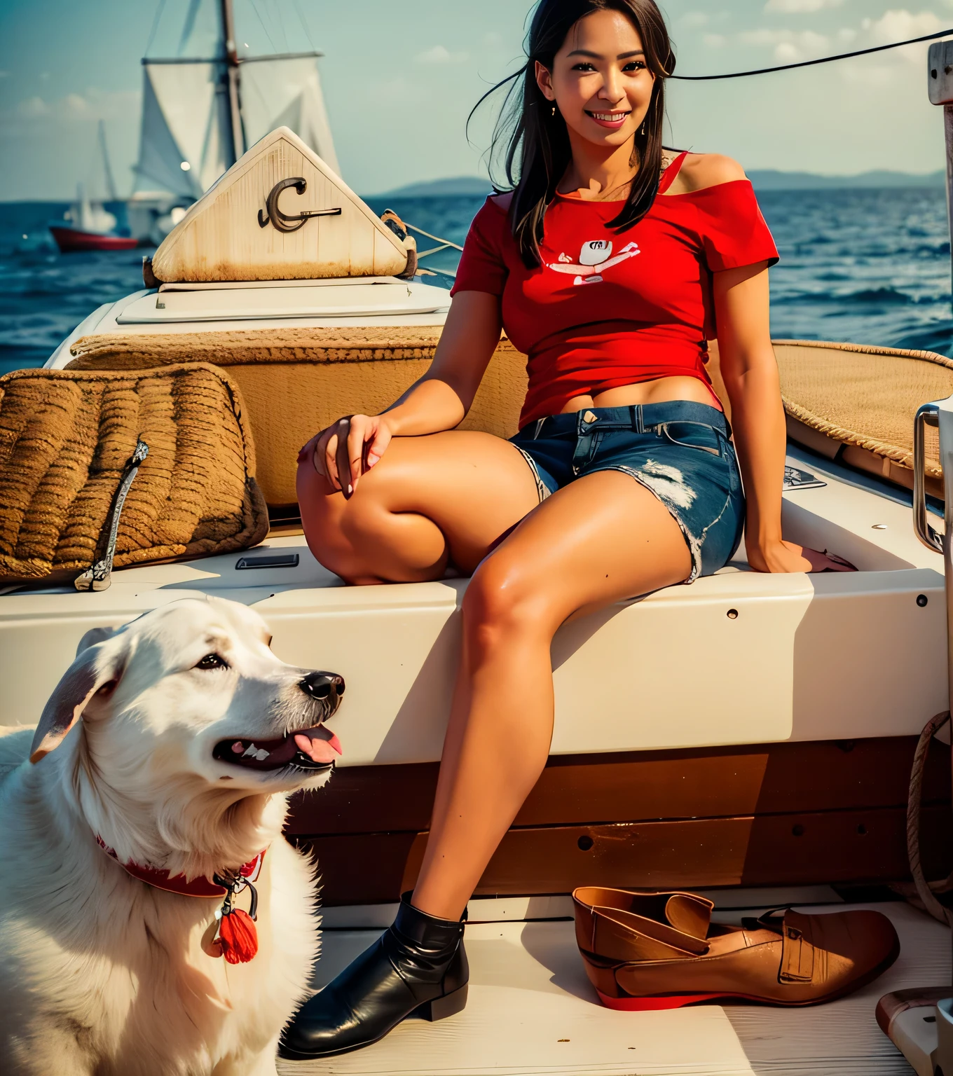 mulher sentada em um barco com blusa vermelha e short azul, em um barco, conectado com ponte suspensa!!, em um barco em um lago, standing on a ship deck, em um iate no mar, em uma ponte, Standing on the mast, em um navio pirata, parado em uma ponte, Standing on the deck of the ship, on the deck of a sailing ship