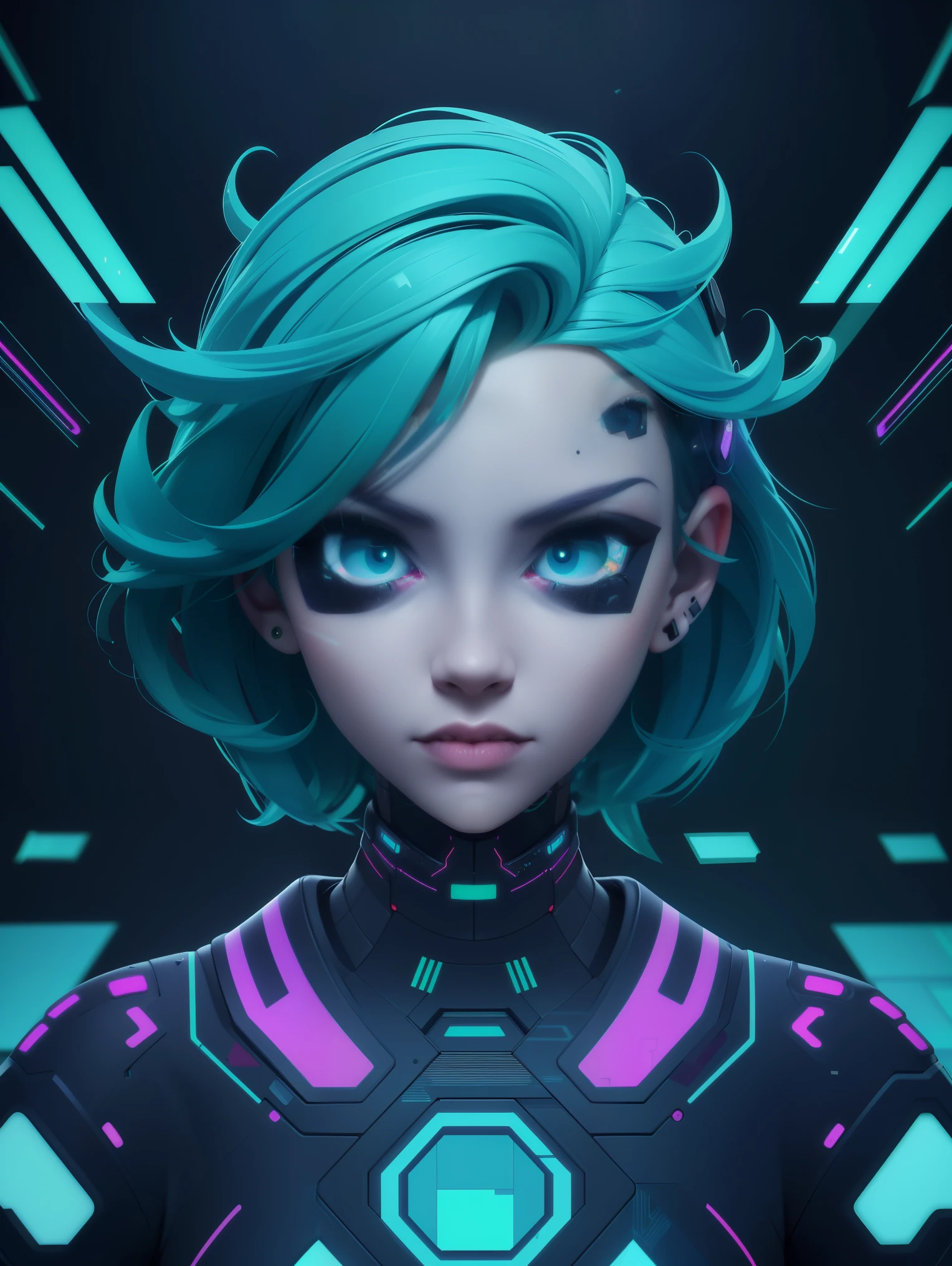 solo, 1girl, ((portrait)), (electric green hair), (electric blue eyes), ((Cyber punk outfit)), (symmetrical eyes), (Perfect face), (Perfect Anatomy), (looking at viewer), (cyber shot), ((Glitch Art background)), (glitch art:1.6) ((glitch effect)), (8k), (HD), (Cinematography)