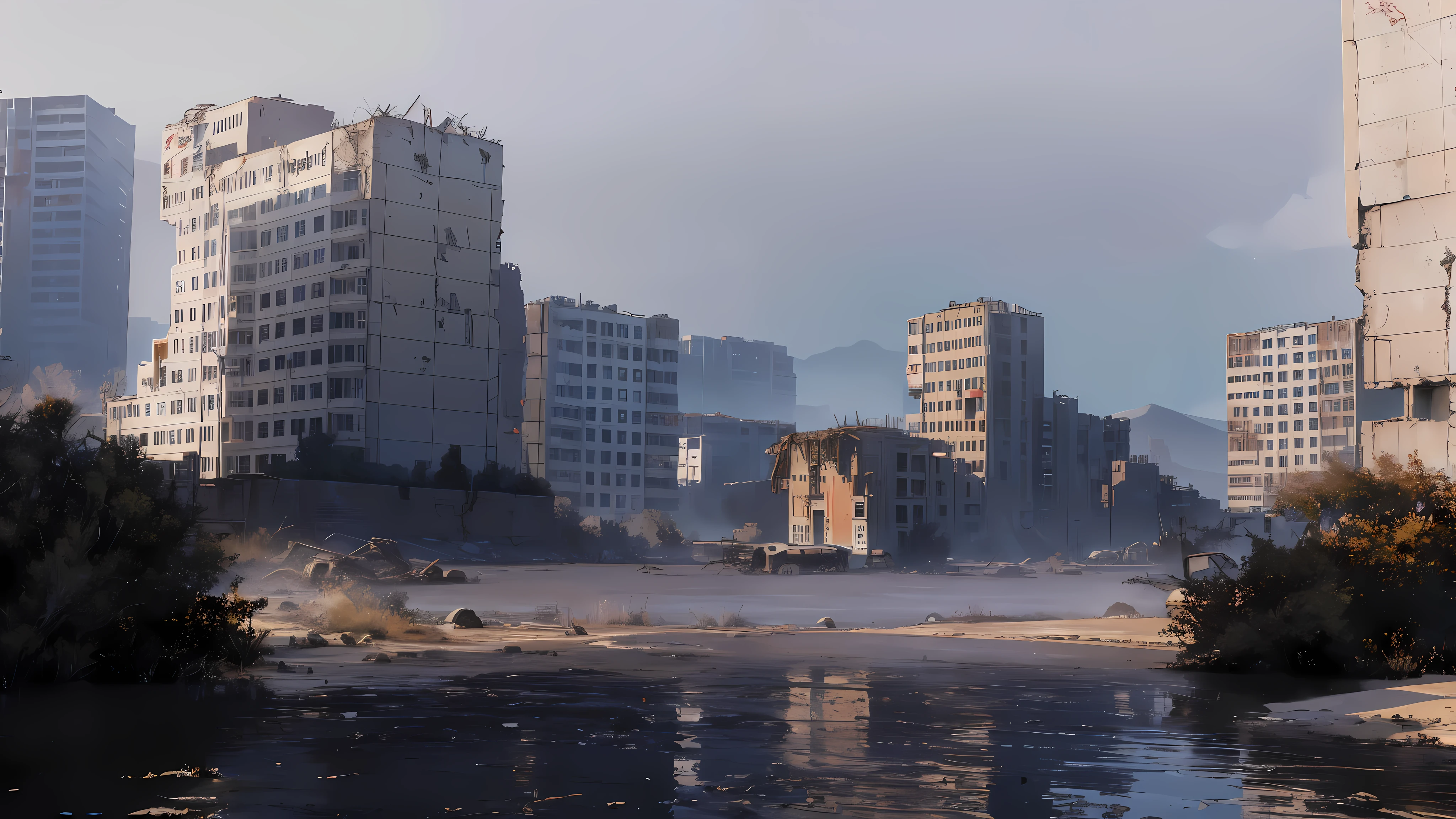 (Best quality, 8K, 32K, masterpiece, UHD: 1.2, ray tracing: 1.2, real: 1.2), (Side: 1.5), (Soviet panel houses in the swamp), Water in the foreground, sandy red canyons in the distance, (Prairie, Long distance:1.5), Road works sign in the background, beautiful post-apocalyptic sky, White clouds, (((Post-apocalyptic wasteland)))