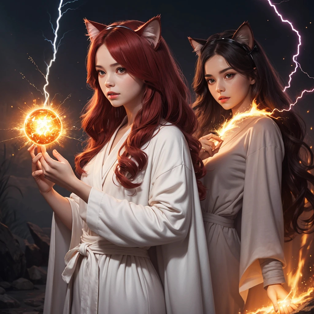 girl, cat ears on her head, long red hair, in a white robe, full-length in her hands a magical fireball, lightning sparkling around her, realistic