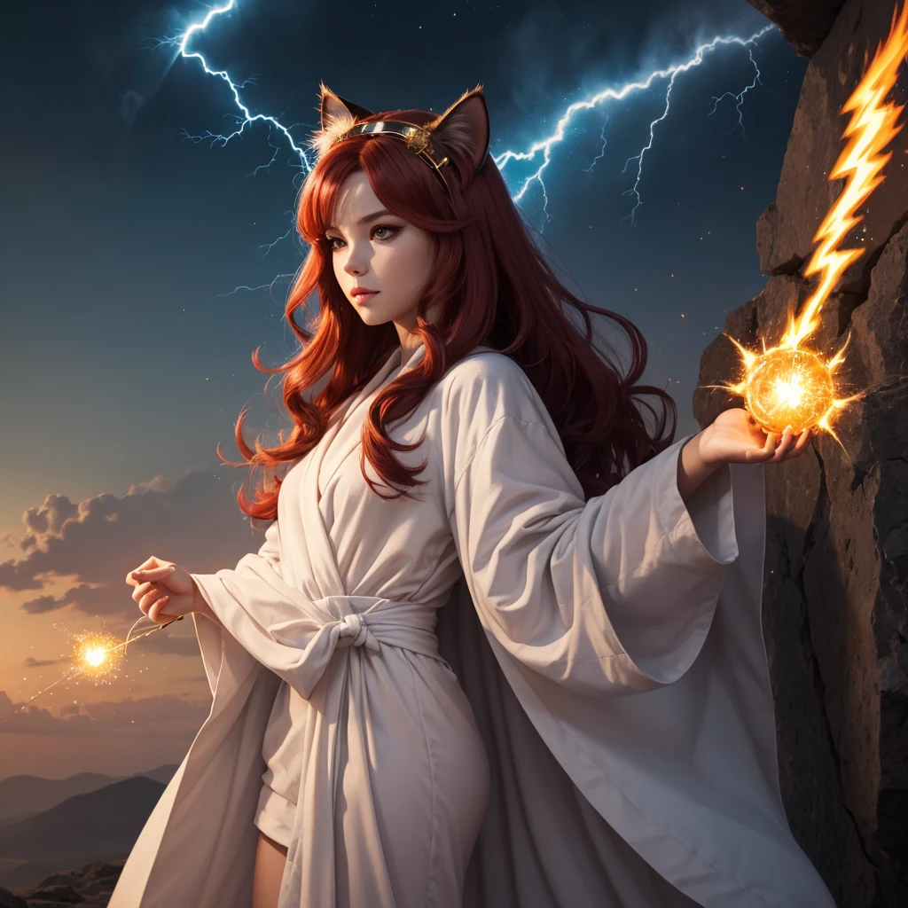 girl, cat ears on her head, long red hair, in a white robe, full-length in her hands a magical fireball, lightning sparkling around her, realistic