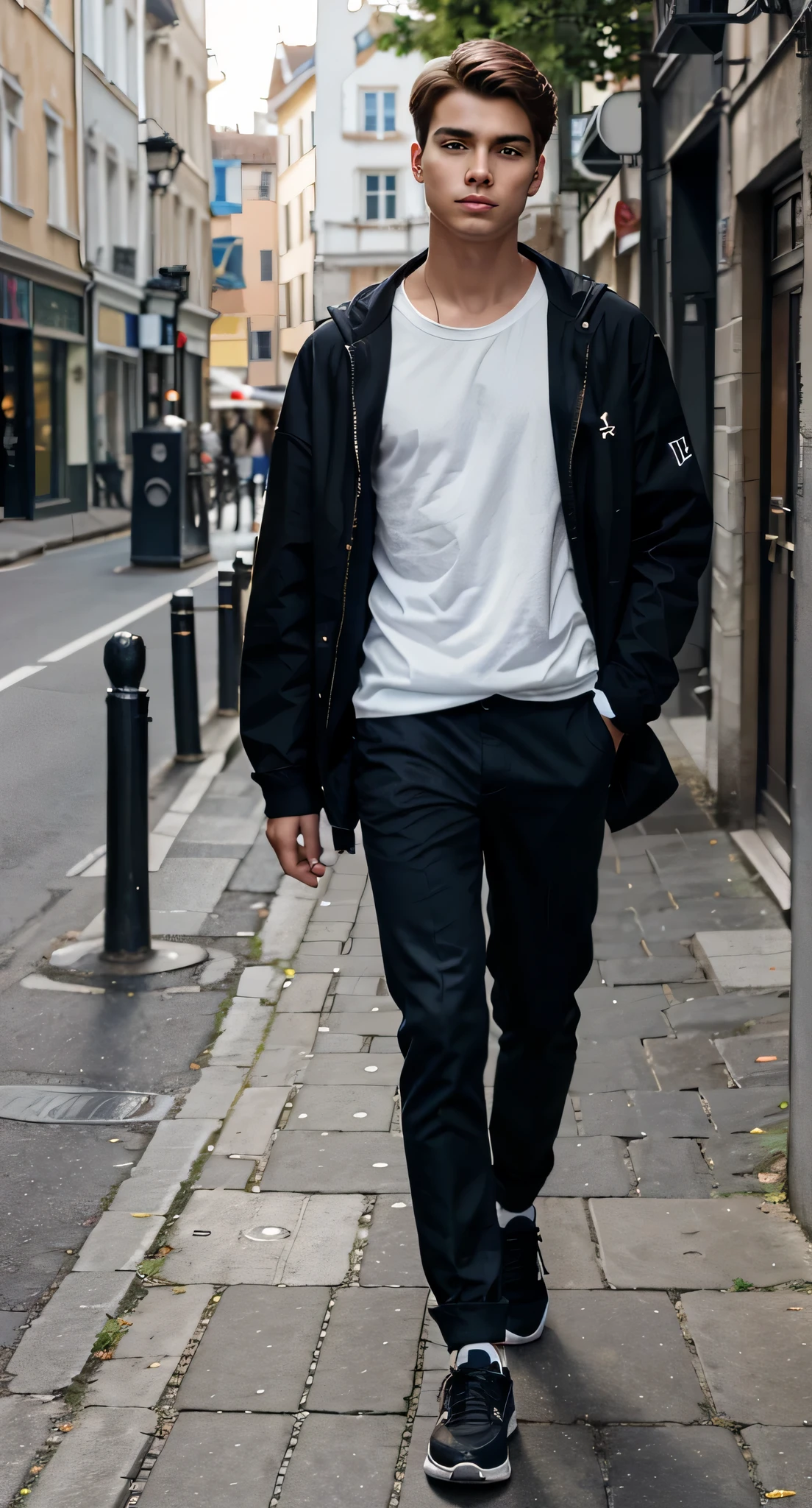 A full-body visual representation from front of a 20-year-old European man with a height of 1.8 meters. He has brown hair, blue eyes, and a regular appearance typical for Europe in the year 2023. The character maintains a sporty shape with features reflecting contemporary European fashion trends. The man is looking straight, standing firm with both legs on a street. Focus on capturing his posture, clothing style, and any distinctive elements that reflect a blend of modern European aesthetics. Ensure the generated image aligns with the manga art style, paying attention to details such as facial expression, body language, and overall presentation.