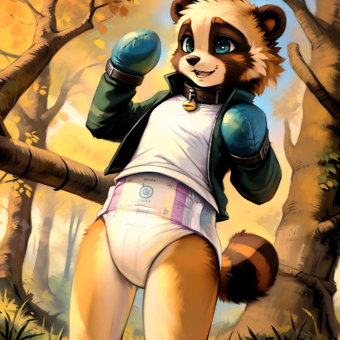 (((by fluff-kevlar, by Zackary911, by Kenket, by Kilinah))), solo female ( tanuki) child proportions, (detailed  tanuki) wearing a thick diaper with blue snowflake shaped symbol pattern, teal clear eyes ,  shirtless, standing , looking at the observer with ashamed  face, scared, ( padded inflatable hand mitts) (padded inflatable Booties ), padded wrist cuffs,padded ankle cuffs, padded collar , at forest, cute, japanese mascot, child proportions, child anatomy, fluffy body