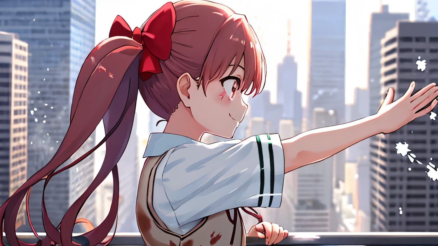 masterpiece, highest quality, High resolution, 1 girl hair bow, Tokiwadai school uniform, light smile, (splatters:1.3), city background, Stretch your hands from side to side, upper body, 