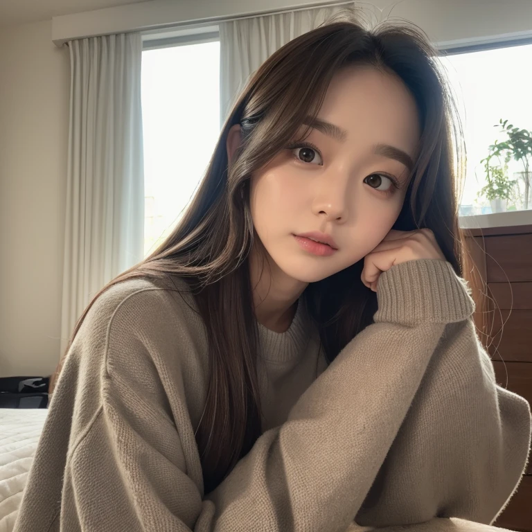 face like kim tae hee、looking at the viewer、spoiled look、In a room with indirect lighting、16 year old girl、Wearing clothes that are oversized at the top and bottom