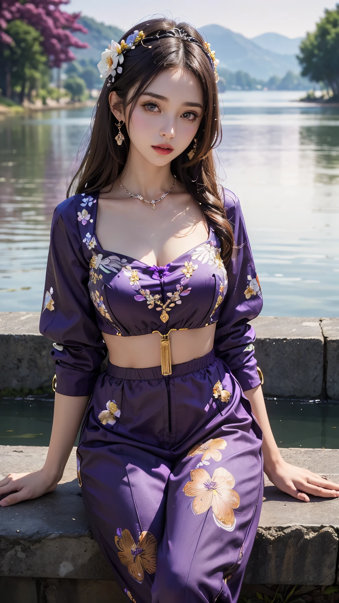1 girl, good face, ultra long hair, detailed eyes, detailed lips, medium breasts, (purple outfit:1.5), bare waist, (ornament:1.5), (floral outfit :1.5), Take photos by the lake, ultra-realistic realism, color field printing, high details, hyper HD, cinematic lighting, 4k quality, sitting,