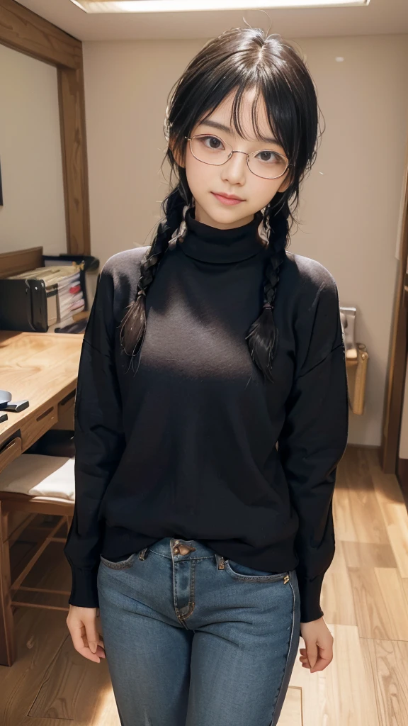 masterpiece, highest quality, one woman, Japanese people in their 20s, (black hair, very short hair, two braids, curly hair), (symmetrical beauty, small face, sharp outline, thick eyebrows, dark eyebrows, realistic eyes, double eyelid, droopy eyes, small nose, thick lips), (smile, shy smile, open your mouth and laugh), (glasses, 縁が薄いglasses, 小さいglasses, レンズが小さいglasses, square lens), (wheat-colored skin, realistic skin texture, I cup breasts, Slightly plump body type), (jacket:long beige coat, inside:long black turtleneck sweater, pants:dark blue long jeans, brown boots), (Are standing, Show the whole body, Even the shoes are shown), The background is an office district, (face directly toward the camera, looking directly at the viewer, looking at the camera, The whole body is facing towards the viewer., whole body facing towards the camera, face looks straight into the camera).